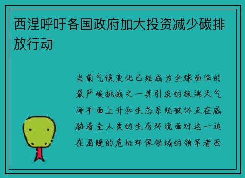 西涅呼吁各国政府加大投资减少碳排放行动